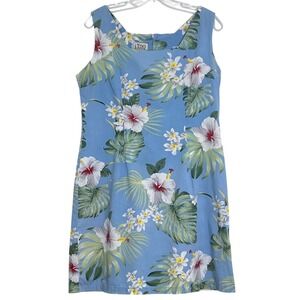 Vtg Lido Womens Sleeveless Dress XL Blue Tropical Hawaiian Floral Cotton C9-8481